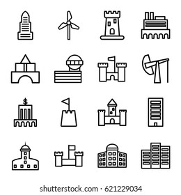 Tower icons set. set of 16 tower outline icons such as building   isolated  sign symbol, castle, building, business center, oil derrick, bank