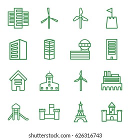 Tower icons set. set of 16 tower outline icons such as mill, building, business centre, castle