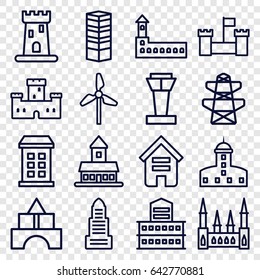 Tower icons set. set of 16 tower outline icons such as building, business centre, castle, business center, pylon