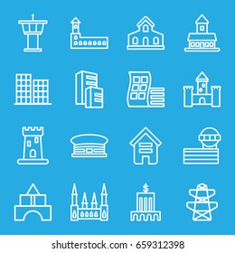 Tower icons set. set of 16 tower outline icons such as building, modern curved building, castle, airport, business center, pylon