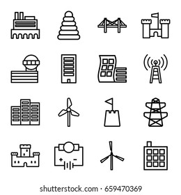 Tower icons set. set of 16 tower outline icons such as mill, modern curved building, castle, building, pyramid, pylon, bridge, electricity