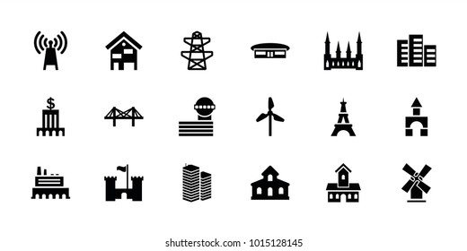 Tower icons. set of 18 editable filled tower icons: airport, building, castle, pylon, mill, transmitter, bridge, bank
