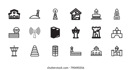 Tower icons. set of 18 editable outline tower icons: building, business centre, castle, business center