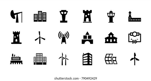 Tower icons. set of 18 editable filled tower icons: mill, building, castle, electricity, transmitter, oil derrick, modern curved building