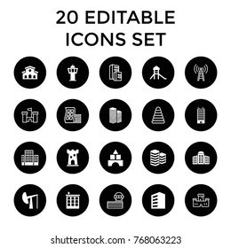 Tower icons. set of 20 editable filled and outline tower icons such as building, building   isolated  sign symbol, castle, oil derrick, modern curved building, pyramid