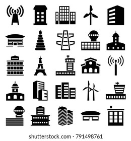Tower icons. set of 25 editable filled tower icons such as airport, building, castle, mill, transmitter, business centre, business center, pyramid