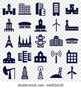 Tower icons set. set of 25 tower filled icons such as airport, building, building   isolated  sign symbol, castle, business center, pylon, mill, oil derrick