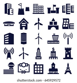 Tower icons set. set of 25 tower filled icons such as mill, airport, building, modern curved building, business centre, castle, business center, bank, transmitter