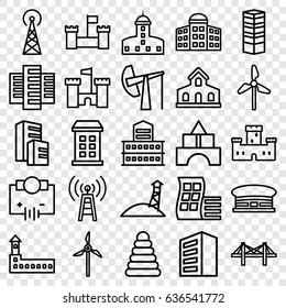 Tower icons set. set of 25 tower outline icons such as building, modern curved building, business centre, building   isolated  sign symbol, castle, airport, pyramid, bridge