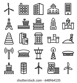 Tower icons set. set of 25 tower outline icons such as airport, mill, building, modern curved building, business centre, business center, pyramid, bank