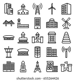 Tower icons set. set of 25 tower outline icons such as airport, building, modern curved building, business centre, building   isolated  sign symbol, castle, mill