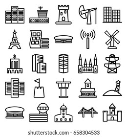 Tower icons set. set of 25 tower outline icons such as airport, modern curved building, business centre, castle, mill, building, business center, pylon, bridge, oil derrick