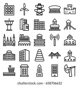 Tower icons set. set of 25 tower outline icons such as airport, building, building   isolated  sign symbol, castle, business center, pyramid, pylon, bridge, oil derrick