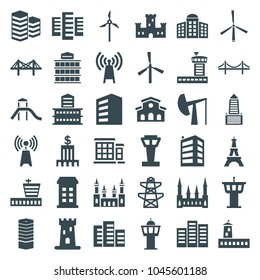 Tower icons. set of 36 editable filled tower icons such as mill, airport, building, business centre, building   isolated  sign symbol, castle, pylon, transmitter, bridge, bank