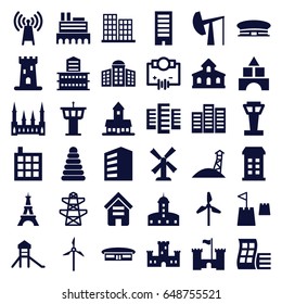 Tower icons set. set of 36 tower filled icons such as airport, building, modern curved building, building   isolated  sign symbol, castle, mill, business center, pyramid