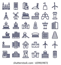 Tower icons set. set of 36 tower outline icons such as airport, mill, building, modern curved building, business centre, building   isolated  sign symbol, castle
