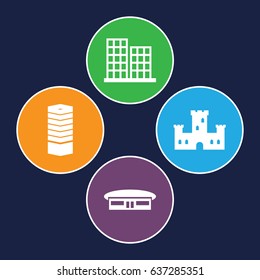 Tower icons set. set of 4 tower filled icons such as airport, business centre, castle