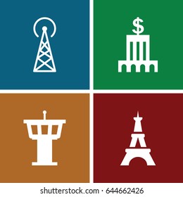 Tower icons set. set of 4 tower filled icons such as