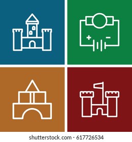 Tower icons set. set of 4 tower outline icons such as toy tower, castle