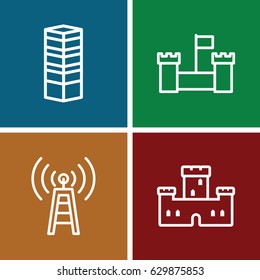 Tower icons set. set of 4 tower outline icons such as business centre, castle