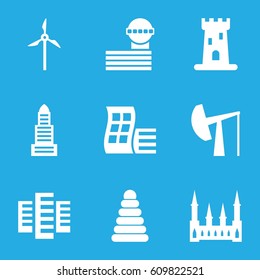 Tower icons set. set of 9 tower filled icons such as modern curved building, castle, building, business center, airport tower, pyramid, mill