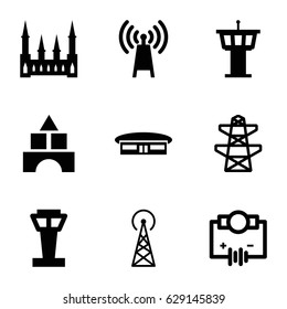 Tower icons set. set of 9 tower filled icons such as airport, castle, pylon, transmitter