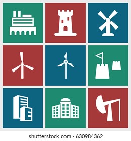 Tower icons set. set of 9 tower filled icons such as mill, building   isolated  sign symbol, castle, building, castle tower