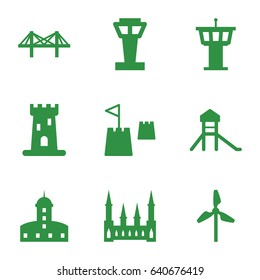 Tower icons set. set of 9 tower filled icons such as castle, bridge