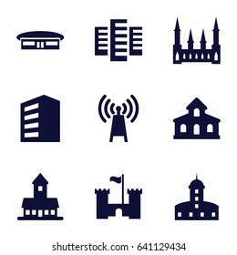 Tower icons set. set of 9 tower filled icons such as airport, building, castle