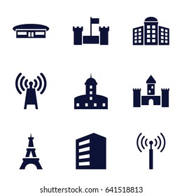 Tower icons set. set of 9 tower filled icons such as airport, building, building   isolated  sign symbol, castle