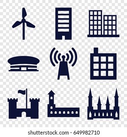 Tower icons set. set of 9 tower filled icons such as castle, building, airport, business center, mill
