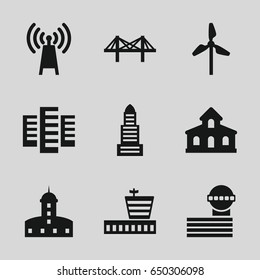 Tower icons set. set of 9 tower filled icons such as airport, building, castle, business center, airport tower, bridge, mill