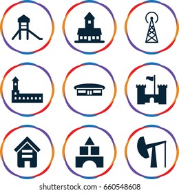Tower icons set. set of 9 tower filled icons such as airport, building, castle