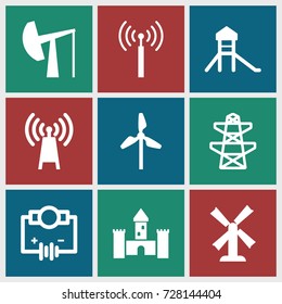 Tower icons set. set of 9 tower filled icons such as signal tower, mill, pylon, oil derrick, castle, transmitter