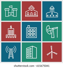 Tower icons set. set of 9 tower outline icons such as mill, building, castle, oil derrick, bank