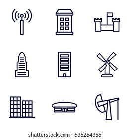 Tower icons set. set of 9 tower outline icons such as signal tower, airport, building, mill, business center, oil derrick