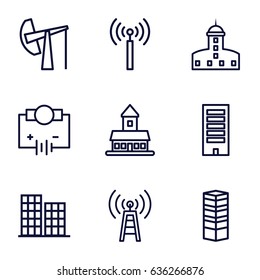 Tower icons set. set of 9 tower outline icons such as signal tower, business centre, castle, building, business center, oil derrick, electricity