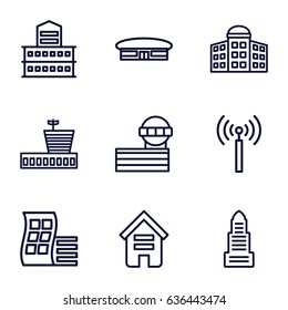 Tower icons set. set of 9 tower outline icons such as airport, building, modern curved building, building   isolated  sign symbol