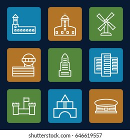 Tower icons set. set of 9 tower outline icons such as castle, mill, building, business center