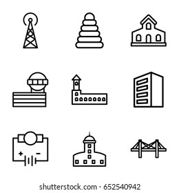 Tower icons set. set of 9 tower outline icons such as building, castle, pyramid, bridge