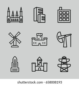 Tower icons set. set of 9 tower outline icons such as mill, castle, business center, building, pylon