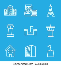Tower icons set. set of 9 tower outline icons such as building, modern curved building, building   isolated  sign symbol