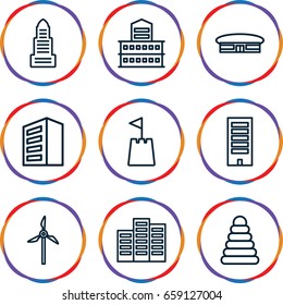Tower icons set. set of 9 tower outline icons such as airport, building, business center, pyramid, castle tower