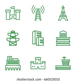 Tower icons set. set of 9 tower outline icons such as airport, castle, building, eiffel tower, pylon