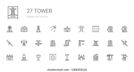 tower icons set. Collection of tower with building, korean, antenna, signal, control tower, silo, castle, windmill, crane, communications, satellite. Editable and scalable icons.