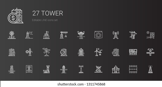 tower icons set. Collection of tower with castle, windmill, antenna, lighthouse, building, wind turbine, police box, lifeguard, signal tower. Editable and scalable tower icons.