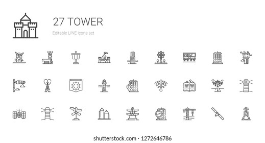 tower icons set. Collection of tower with crane, building, electric tower, silo, wind turbine, lighthouse, satellite. Editable and scalable icons.