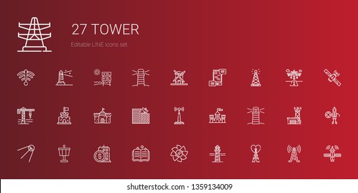 tower icons set. Collection of tower with eiffel tower, lighthouse, turbine, spellbook, building, control satellite, castle, antenna. Editable and scalable icons.