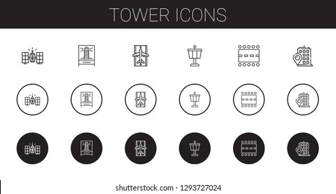 tower icons set. Collection of tower with satellite, lighthouse, runway, control tower, building. Editable and scalable icons.