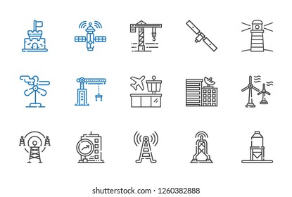 tower icons set. Collection of tower with silo, antenna, signal tower, building, wind turbine, airport, crane, lighthouse, satellite, castle. Editable and scalable tower icons.